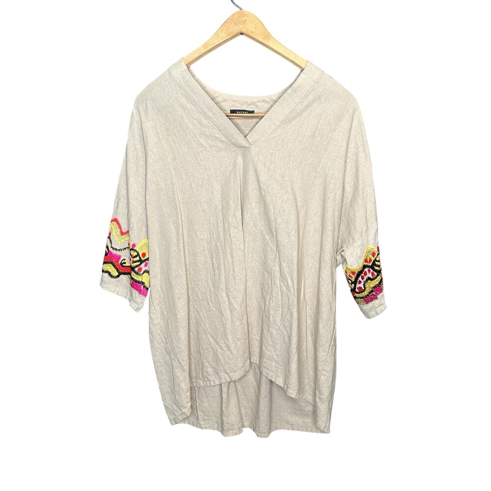Natori Lagenlook Linen Blend Embroidered Sleeve Top M